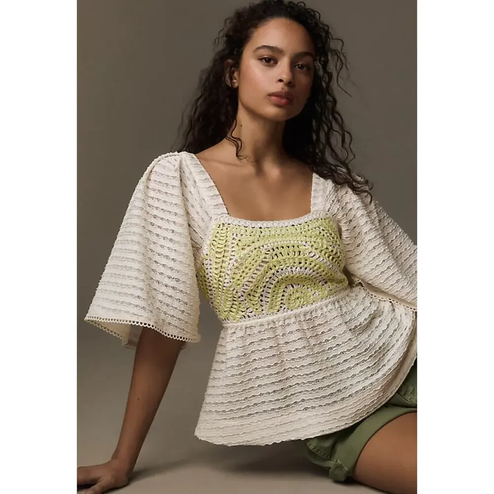 NWT $78 Anthropologie Sarah Hann Cream Flutter-Sleeve Crochet Top